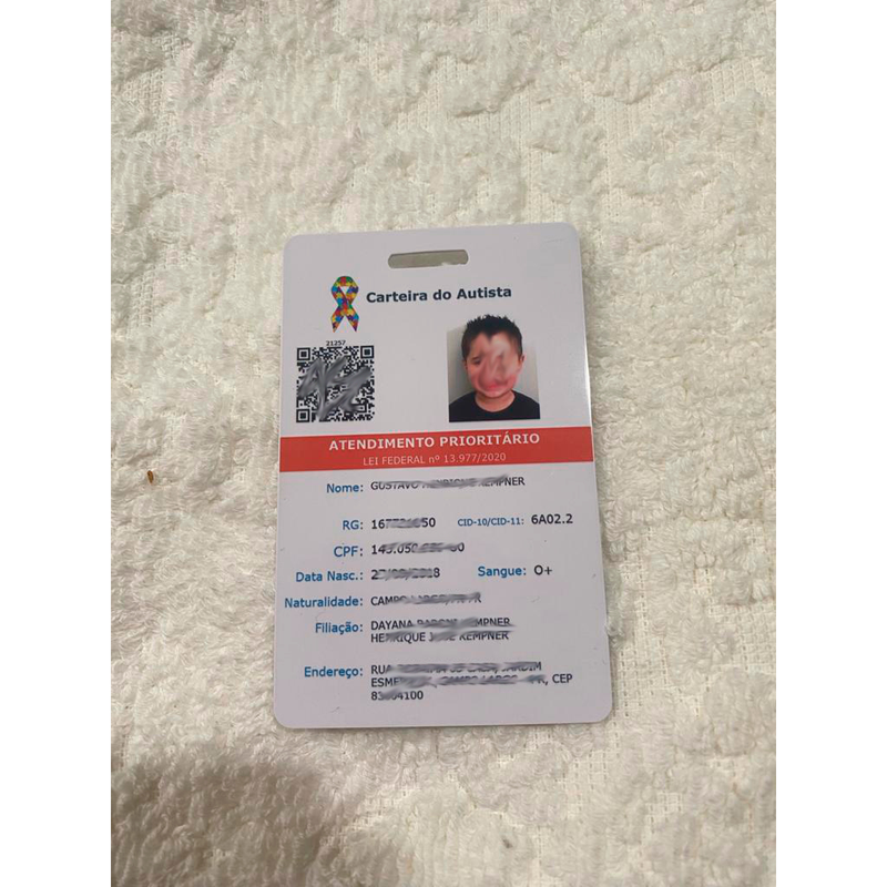 Documento de Identificação do Autista em PVC