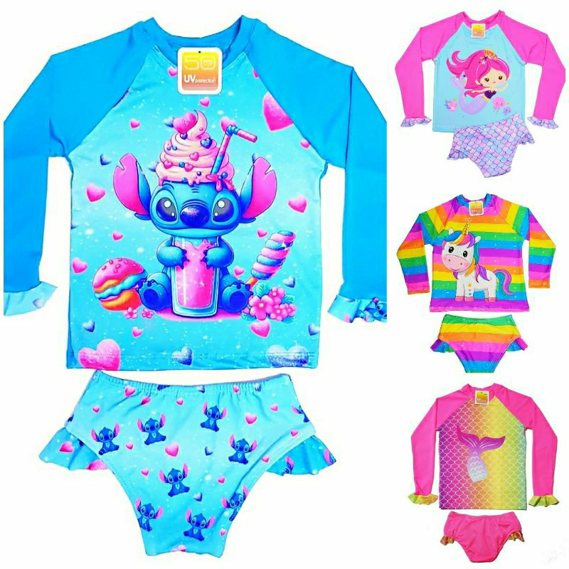 Conjunto Biquini Blusa Menina Infantil Praia Proteção Solar Uv Maiô Manga Longa Cumprida