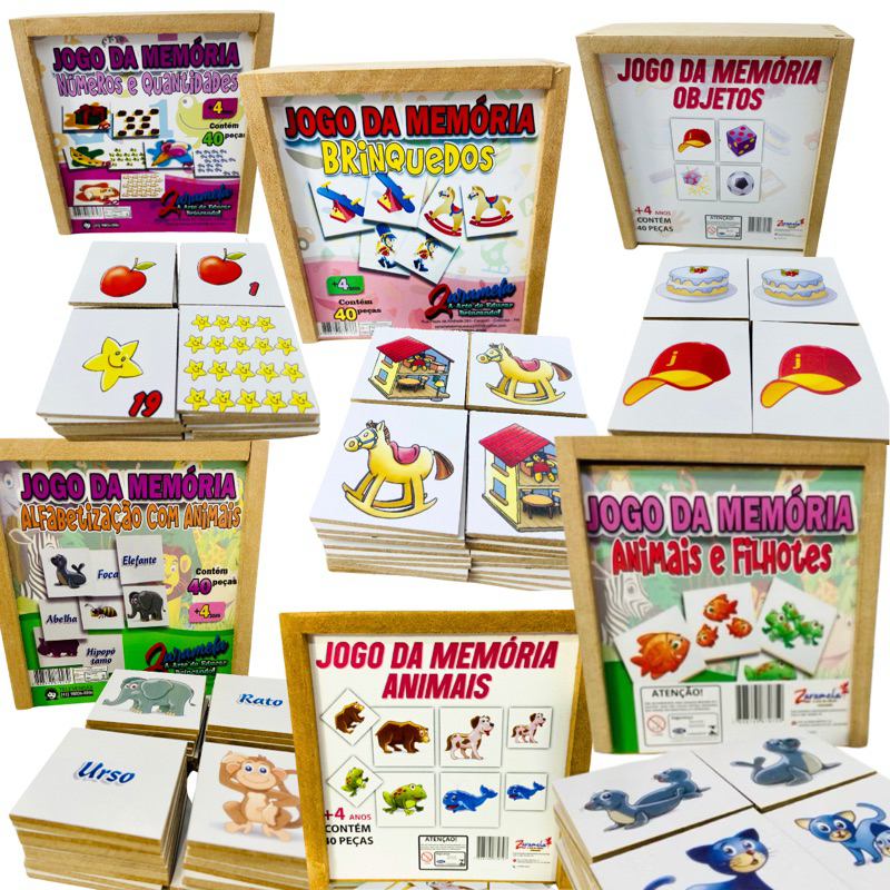 Saldão Jogo da Memória 40 peças Madeira Animais e Filhotes, Objetos, Brinquedos, Alfabetização, Números e Quantidades