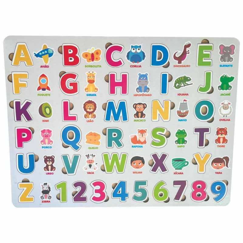 Tabuleiro Montessori Alfabeto Números Ilustrado Brinquedo Madeira Educativo Alfabetização