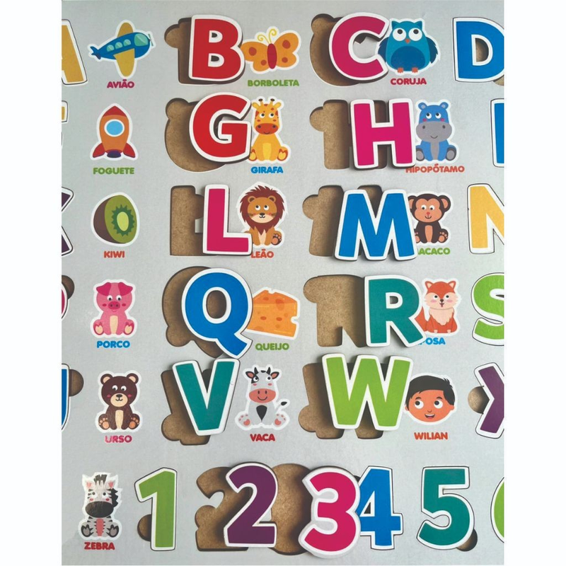 Tabuleiro Montessori Alfabeto Números Ilustrado Brinquedo Madeira Educativo Alfabetização